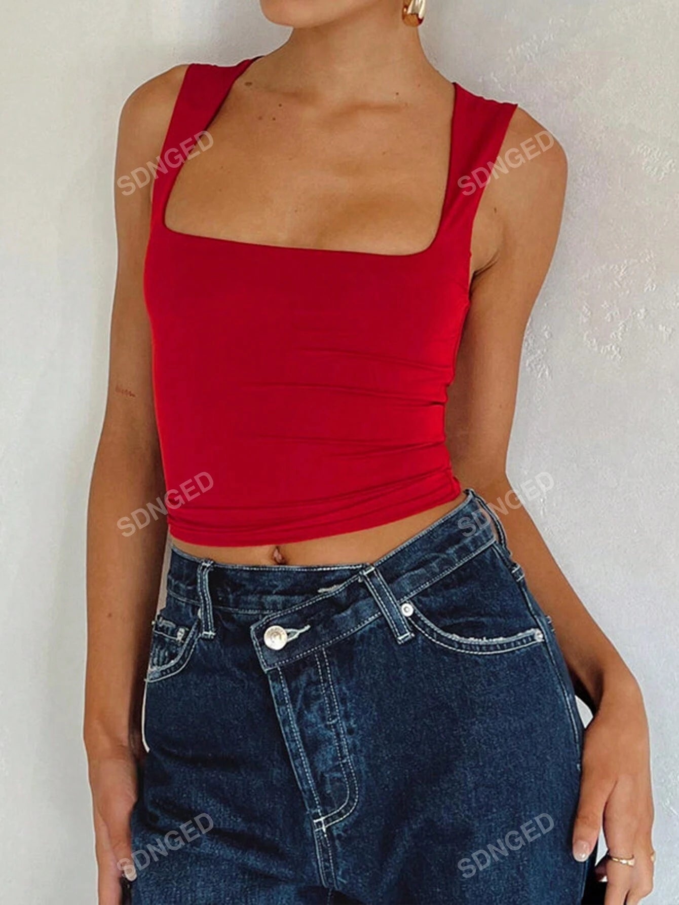 Ladies' Plain Double-Layer Pleated Square Collar Versatile Tank Top, Spring and Summer
