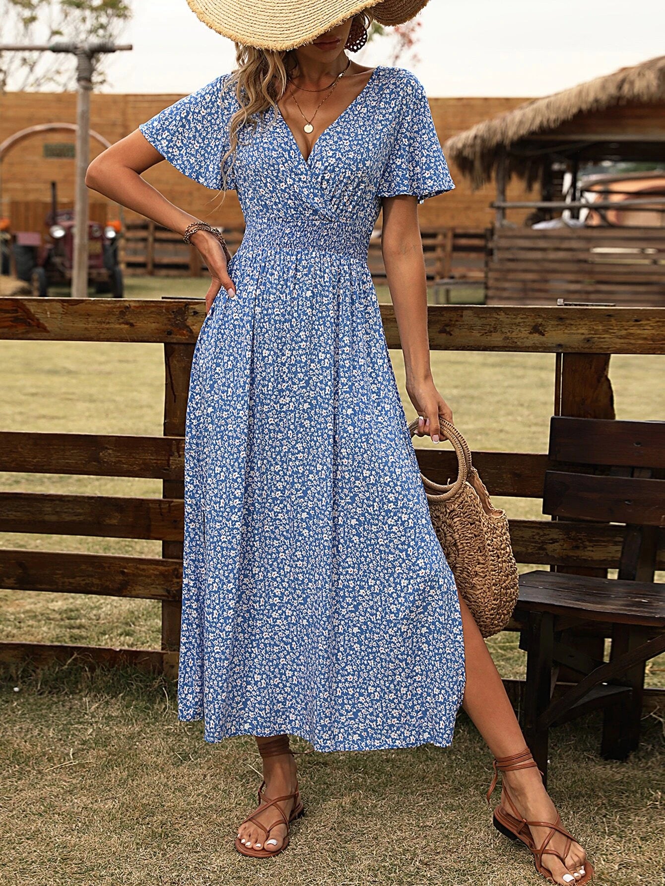 Breezaya Ditsy Floral Print Surplice Neck Butterfly Sleeve Split Thigh Dress