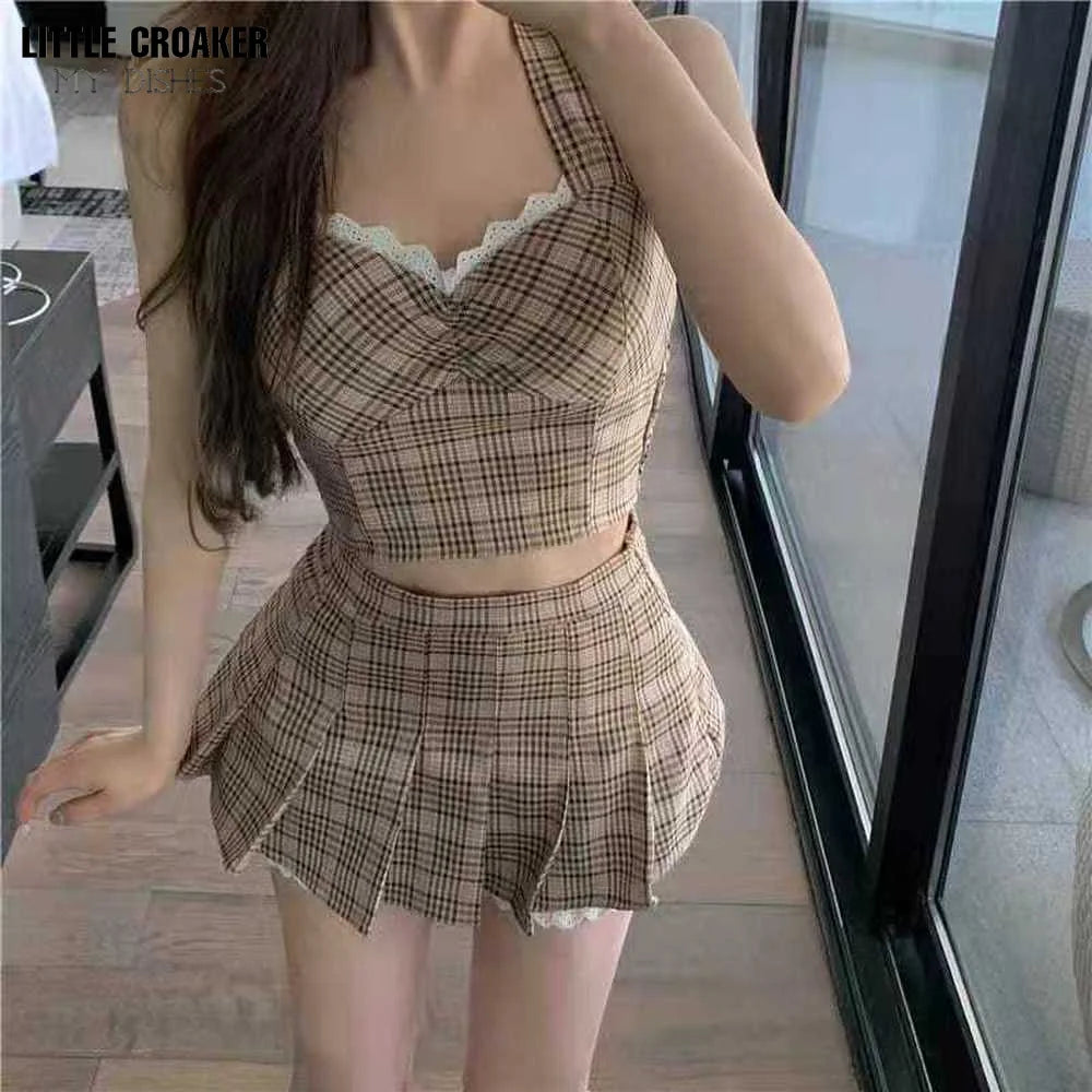 New Korea Hot Sexy Womens Slash Sleeveless Ruffles Sheath Mini Tank Dress School Girl Female Two Piece Set Women Summer Clothes