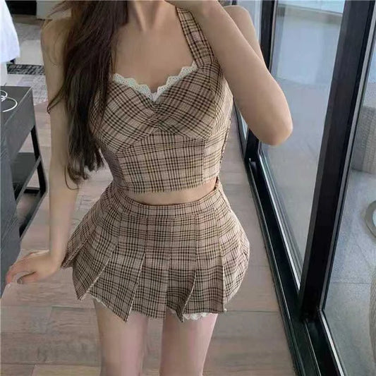 New Korea Hot Sexy Womens Slash Sleeveless Ruffles Sheath Mini Tank Dress School Girl Female Two Piece Set Women Summer Clothes