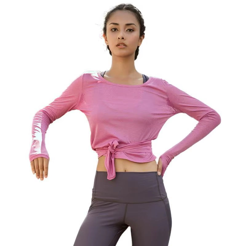 Summer Women'S Yoga T-Shirt Open Sports Clothes Long-Sleeved Running Tops Slim Beauty Back Sportswear