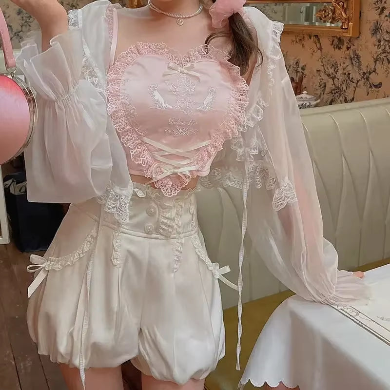 Y2K Summer Sling Tops Heart-Shaped Sweet Cute Girl Kawaii Lace Trim Bow inside a Sling Vest Lolita 90S Aesthetic Crop Top Women