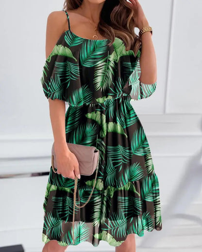 Flower Printed Ruffled Suspender Dress Summer Off-The-Shoulder Strap Dresses Women