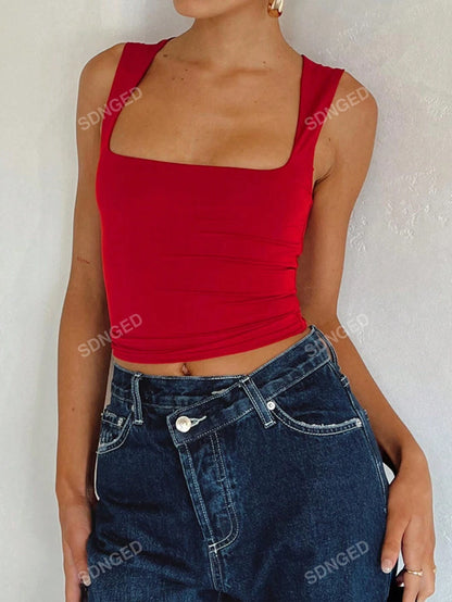 Ladies' Plain Double-Layer Pleated Square Collar Versatile Tank Top, Spring and Summer