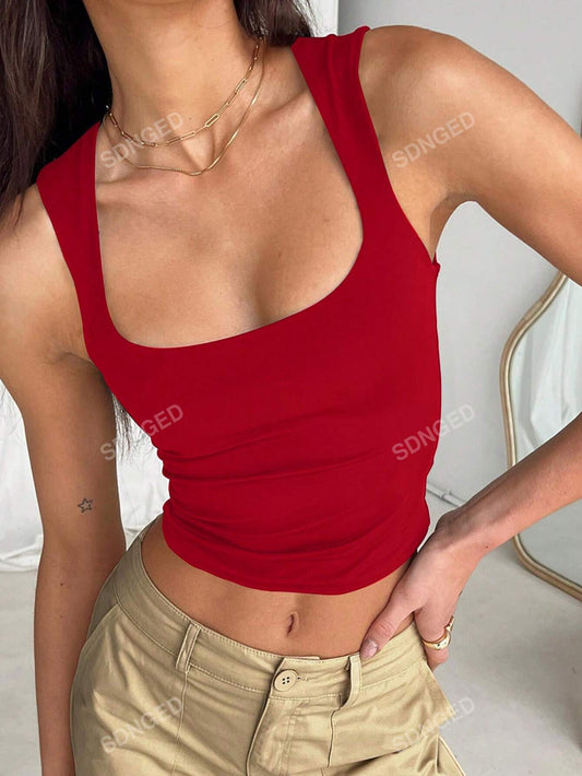 Ladies' Plain Double-Layer Pleated Square Collar Versatile Tank Top, Spring and Summer