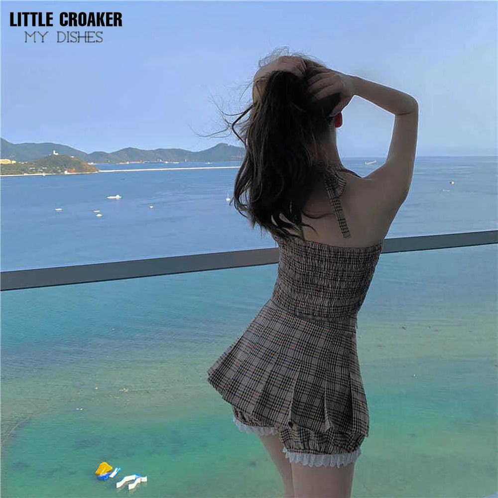 New Korea Hot Sexy Womens Slash Sleeveless Ruffles Sheath Mini Tank Dress School Girl Female Two Piece Set Women Summer Clothes