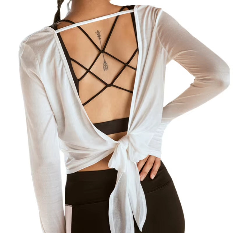 Summer Women'S Yoga T-Shirt Open Sports Clothes Long-Sleeved Running Tops Slim Beauty Back Sportswear