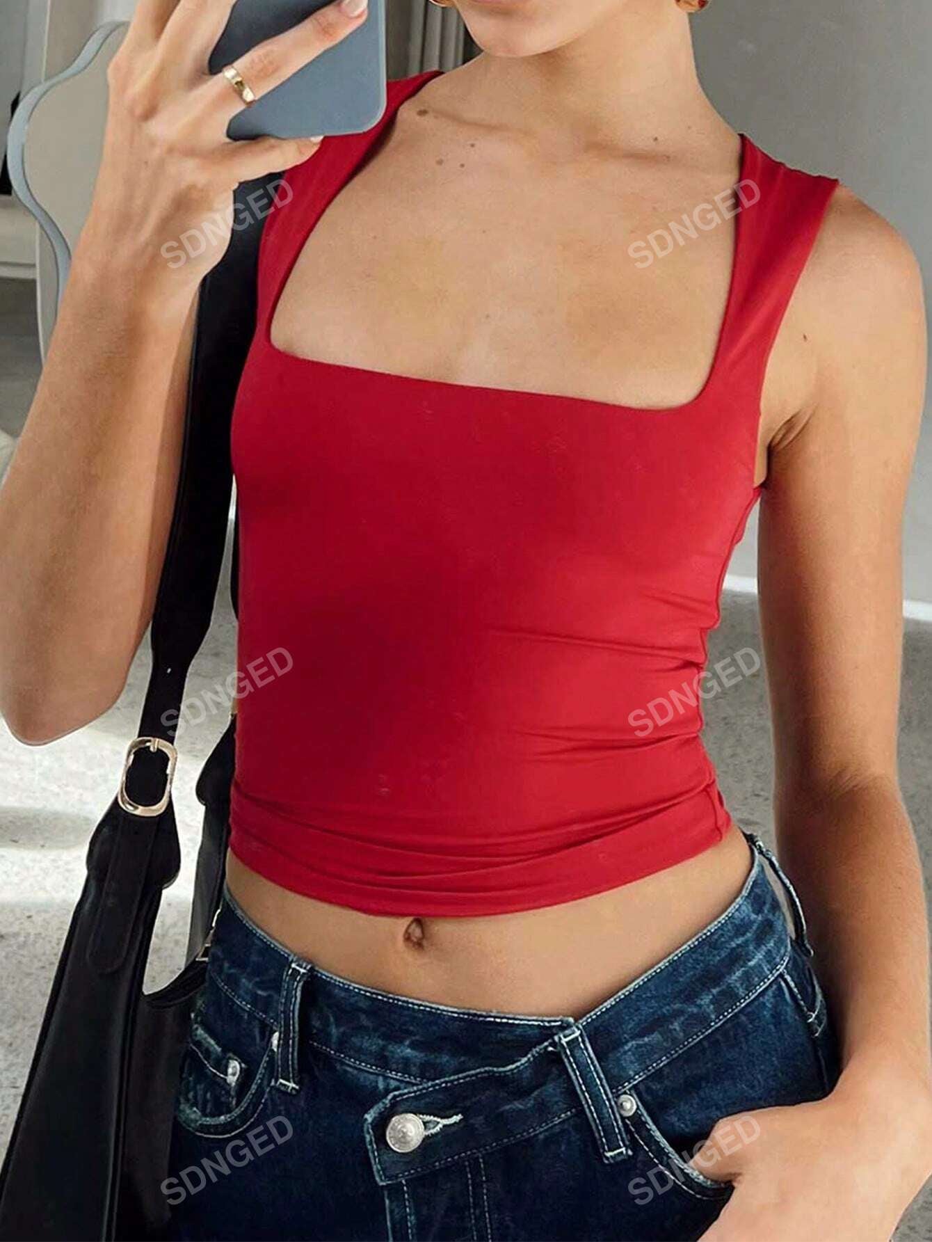 Ladies' Plain Double-Layer Pleated Square Collar Versatile Tank Top, Spring and Summer